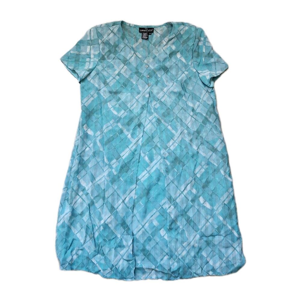 VTG Carole Little Petite Dress 14 Teal Abstract Print Short Sleeve Midi USA EUC